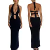 Casual Dresses HEZIOWYUN Women Long Bodycon Dress Solid Color Tie-Up Halter Neck Deep V-Neck Sleeveless Summer Party Club Backless Vestido