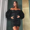 Sıradan elbiseler eğik boyunda kadınlar seksi uzun kollu gevşek gevşek ukrayna katı yaz dantelli a-line skinny mini vestido