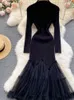 Robes décontractées femmes Robe pull printemps automne à manches longues tricoté Patchwork maille dentelle dames élégant noir Robe de soirée Vestidos