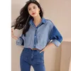 Женские блузки 2023 Spring Vintage Lose Simple Simple Fashion Denim рубашка Women Blouse Tops Z003