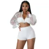 QNPQYX New Women Designers Tracksuits Two Piece Set Sexy Long Sleeve Zipper Sheer Organza Crop Top And Shorts Elegant Outfits