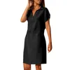 Casual Dresses Sexig elegant klänning Kvinnor Deep V Neck Bomull Linne Löst kvinnor Solid Color Short Sleeve Mini Club Party Vestidos