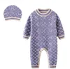 Knitted Baby Brand Rompers Letters Printed Newborn Long Sleeve Jumpsuits With Hats Autumn Winter Toddler Onesies Infant One-Piece Kids Clothes