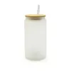 Vasos de lata de sublimación en blanco DIY de 16 oz en forma de vasos de cerveza con tapa de bambú y pajita para refresco de café helado N0531