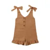 Rompers 16y baby meisje katoen linnen kleding meisjes ruche romper kinderen jumpsuit zomer mouwloze knop overalls outfits 230525