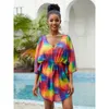 Mesh Gestrickte Strand Tunika Kleider Badeanzug Cover Ups für Frauen Kordelzug Taille Regenbogen Leopard Afrika Gedruckt Sommer Beachwear