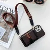 Officiell kort crossbody plånbok telefonfodral för iPhone 14 13 12 11 pro max 14pro 13pro 12pro x xs xr 8 7 plus läder designer handväska brunt blommor med presentförpackning