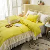 Ensembles de literie jaune blanc gris rose coton princesse fille ensemble Double couche dentelle bord housse de couette drap de lit jupe taies d'oreiller