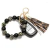 Keychains 1Pcs Black And White Markings Keychain Wood Beads Wrist Strap Bracelet For Women Keys Pu Leather Keyring Jewelry Gifts