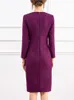 Casual Dresses Runway Fashion 2023 Winter Woollen Dress Women Beading Crystal Luxury Elegant Ladies Party Midi Purple