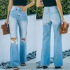 Women's Jeans 2023 Autumn Style Simple Temperament with Pockets Ripped Straight Washed Denim Trousers Women