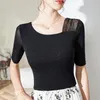 Women's T Shirts Women Clothings For Summer Skew Collar Mesh Fabric Tops Short Sleeve Solid Color Blouses Design T-SHIRTS Girls