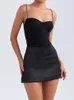 Mesh And Satin Diamonds Strap Black Dress Fashion y2k Street Wear Rave Outfits 2022 Night Club Party Mini Dress