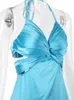 Moda per ragazze Streetwear Summer Rave Outfits Abbigliamento New Halter Vacation Beachwear Abito in raso di seta Abiti lunghi blu