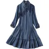 Party Dresses Women Denim Dress Half Sleeve Cowboy A-line Ruffled Stand Collar Vintage Short Mini Jeans Casaul Boho Cotton Blue