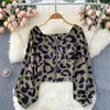 Women's Jackets ZVAQS Short Jacket Woman Spring 2023 Blue Brown Leopard Print Coat Women Clothes Chic Vintage Puff Sleeve Top Outwear Veste