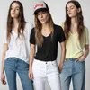 24ss Zadig Voltaire Nieuwe Designer Zomer Katoenen T-shirt Pure Kleur All Over Hot Diamond Linnen V-hals Dames Casual Veelzijdige Korte Mouwen Losse Trui Tees Tops zv