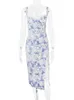 Lace Trim Spaghetti Strap Blue Print Midi Dress Women Garden Party Outfits Clothes Chic Summer 2023 New In Dresses