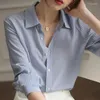 Blouses Blouses Blue Striped Button Up -shirt Women 2023 Spring Fashion Silk Lange Mouw Rapel Loose Blouse Top Office Lady Elegant formeel