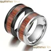 Bandringe 8mm Wolfram Finger langlebig Vintage Titan Edelstahl Holz Inlay Ring Schmuck für Männer Frauen 316L Drop Lieferung Dhqoj