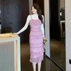 Work Dresses 2023 Autumn Winter Pink Sling Tweed Tassel Dress Slim Knit Bottoming Sweater Fashion Two-Piece Suit/Sets