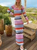 Robes décontractées évider tricot Crochet plage longue robe vacances fête porter rayé manches col rond Wrap femmes