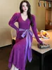 Casual Dresses Autumn Winter Sticke Women Afton Dress Sweater Temperament Purple V-Neck BodyCon Midi Party Prom Robe Stretchy Mujer