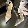 Sandálias Gianvito Rossi Feminino Salto Ultra Alto Transparente PVC Envolto Ponta do Dedo Moda Fivela Designer Sandálias Salto 10,5CM Desliza Sapatos Lazer