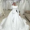 Musulman sirène robes De mariée 2023 o-cou Satin à manches longues islamique Robe De mariée Tribunal Train détachable Train Robe De Mariage