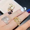 Iced Out 5a CZ Stone Double Star Opening Ring Bling CZ PAVED Par Wedding Rings for Women Man Jewelry Drop Ship