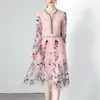 Casual Dresses Designer Summer Pink Mesh A-Line Midi Dress 2023 Women's Long Sleeve Flowers Embroidery Fashion Holiday Party Robe