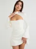 Rose Print Draped Mini Dress White Wedding Party Clothing Chic Romantic Date Nights Outfits Full Lined Satin Dress 2022