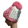 Berets BomHCS Damen Beanie Pompom Strickmützen Rosa Grau Weiß Mehrfarbig Handgefertigte Knotenhüte