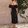 Повседневные платья летние платье V-образное с коротким рукавом сплошной щель сплошного от плеча Сексуальная длинная высокая мода мода Элегантная 2023 Женская одежда