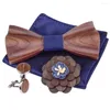 Fliegen 1920er Jahre Herren Holz Krawatte-Taschentuch Brosche und Manschettenknöpfe Set Bule 3D Bowtie Jacquard Einstecktuch für Männer Hochzeitsaccessoires