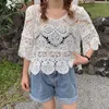 Women's Blouses Women 3/4 Sleeve Floral Lace Cover Up T-Shirt Hollow Crochet Knit Loose Crop Top N7YE