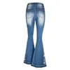女性のジーンズ2023レトロビンテージの服スキニーフレアストリートウェア女性ハイウエストフローラル刺繍サイドリッピングデニム
