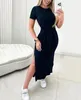 Vestidos casuais para mulheres 2023 Moda de verão Plain Black Manga curta O-pescoço O-pescoço amarrado Detido Slit Dress Ottd Ottd