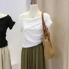 女性用Tシャツ斜め肩のデザイン半袖Tシャツ女性のウエストスリミング不規則なワンライン服韓国ファッション