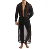 Vêtements de nuit pour hommes hommes maille S-Through peignoir Transparent point ouvert Lingerie Sexy longue Robe chemise décontractée manteau mâle Gay Slve sous-vêtements