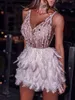 V-neck Sleeveless Feather Mini Gown Tassel Sequin Ladies Slim Evening Dresses