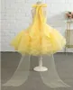 Flicka klänningar söt blommaklänning gul prinsessa puffy födelsedag jul fluffig barnklänning
