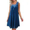 Casual Dresses Women Solid Dress Sleeveless Round Neck Lace Trim Splice Pullover Loose Night Gowns Ladies Home Wear