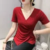 Women's T Shirts #6456 Summer Irregular Shirt Women Short Sleeve Black White Red Office Wrap T-shirt Female Sexy Stretch Cotton V-neck