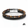 Beaded Strand 2023 Moda Uomo Gioielli Pietra naturale Bracciale in vera pelle Nero Acciaio inossidabile Chiusura magnetica Tiger Eye Bead Dr Dhi8J