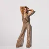 Eleganta kvinnor smala byxor Temperament V Neck Sequined Jumpsuits One Piece Trousers Sequined Solid Femme Party Clothing