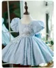 Mädchenkleider Flauschiges Prinzessin-Tutu-Kleid Himmelblaues Spitzen-Satin-Mädchen-Teenager-Schönheitswettbewerb-Geburtstagsfeier-Ballkleid