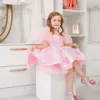 Девушка платья розовый блеск цветочный пухлый рукав длина колена для девочек летнее весенние вечеринка по случаю дня рождения