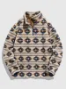 Mężczyzn z kapturem etniczny druk Turtleeck bluza Faux Shearling Fuzzy Streetwear Pullover unisex jesień zimowy zamek błyskawiczny