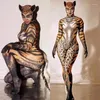 Stage Wear Discothèque Bar Danse Costume Halloween Cosplay Tigre Imprimer Longue Combinaison Performance Femme Partie